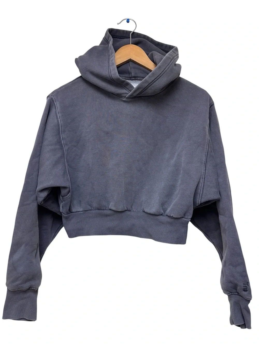 Aritzia TNA Cozy Fleece Perfect Shrunken Cropped Pullover Hoodie Charcoal Gray